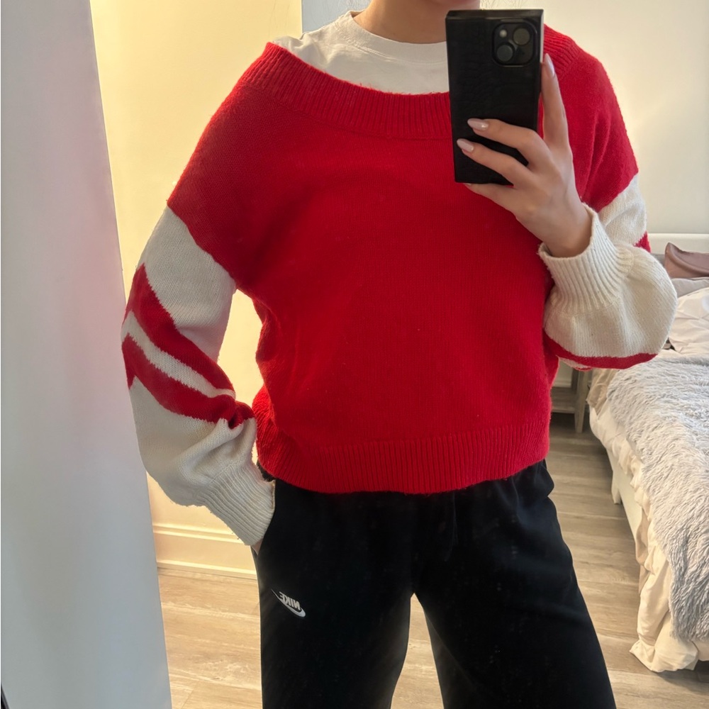 Express Red and White Women's Crew Neck Sweater